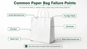 Common paper bag failure points including handle area bottom panel and glue seam