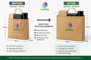 Before and after comparison showing the right paper bag size for retail products