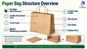 Paper bag structure infographic showing side gusset, handle attachment, glue seam, and bottom reinforcement board