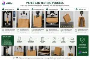 Paper bag strength testing process including material, handle, top edge, bottom, drop, and real load tests