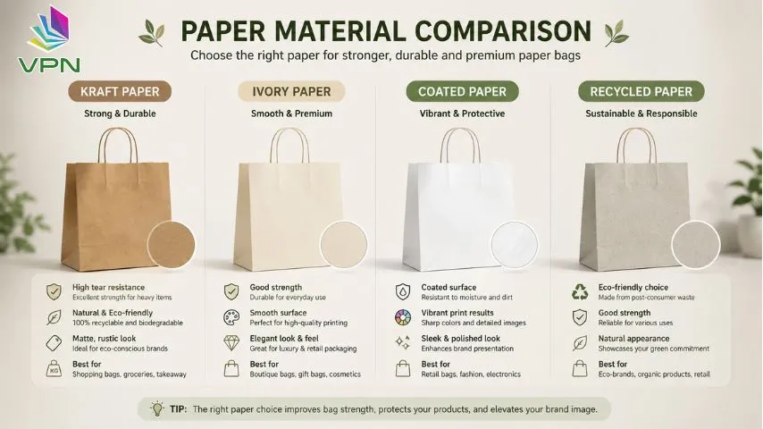 Comparison of kraft paper, ivory paper, coated paper, and recycled paper for durable paper bags