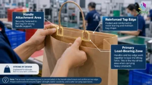 Reinforced paper bag handle area showing top edge support and load-bearing points