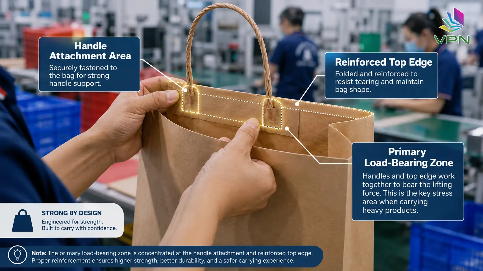 Reinforced paper bag handle area showing top edge support and load-bearing points